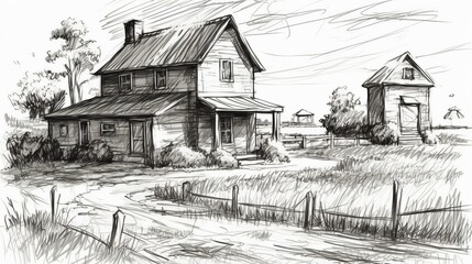 Obraz premium Drawing sketch village house Generative AI