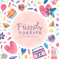 Friends Forever and Friendship Banner with Bright Elements Vector Template