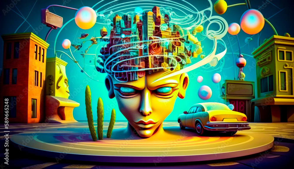 Poster surreal image of head with city in the background and car in the foreground. generative ai.