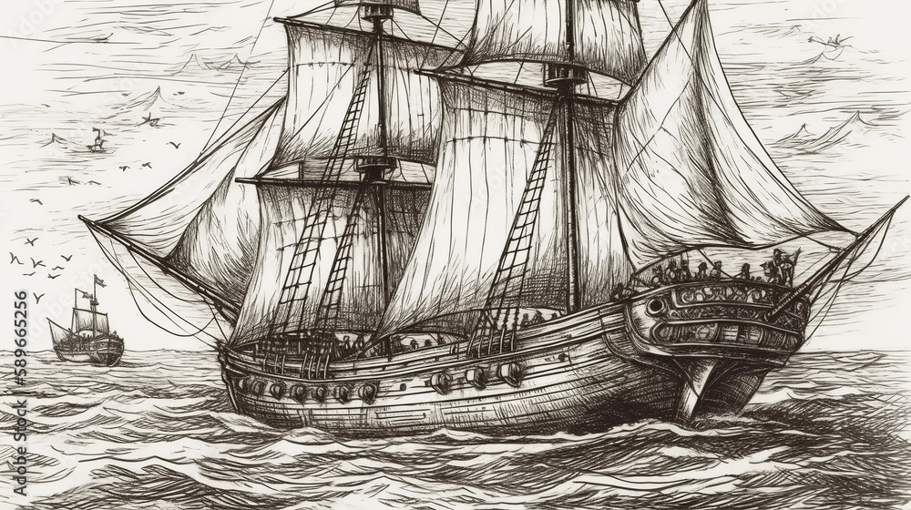 Poster drawing sketch vintage ship sailboat generative ai