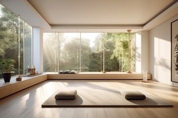 interior of a yoga room with large windows