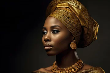 Fototapeten Majestic African woman with a traditional gele headwrap, adorned with statement gold jewelry and a striking facial expression, generative ai © aicandy