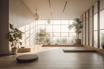 interior of a yoga room with large windows