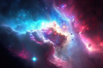 Fototapeta na wymiar A cosmic luminous nebula background. Beauty of endless cosmos. Science fiction art. Generative AI illustration.