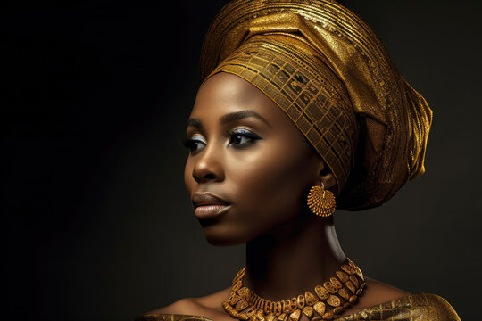 Majestic African woman with a traditional gele headwrap, adorned with statement gold jewelry and a striking facial expression, generative ai