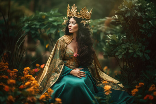 Majestic Garden Empress with a crown of flowers and leaves, fierce expression, and flowing robes in a lush garden setting, generative ai