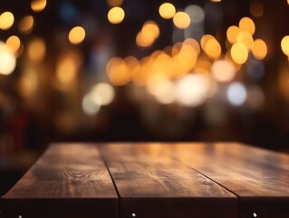 Fototapeta na wymiar Empty wooden table and bokeh lights background. For product display