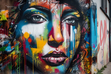 Fototapeta na wymiar mesmerizing street art portrait of a woman with a striking gaze and bold features, generative ai