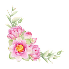 Pink flowers lotus. Watercolor illustration. A garland of lotus flowers. Wreath of chinese water lily. Design for invitations, save the date, cards other items.