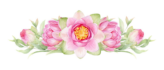 Pink flowers lotus. Watercolor illustration. A garland of lotus flowers. Wreath of chinese water lily. Design for invitations, save the date, cards other items.