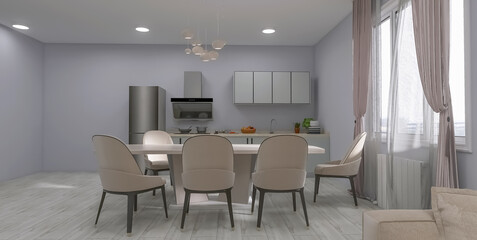Naklejka na ściany i meble Kitchen dining room 3d render, 3d illustration