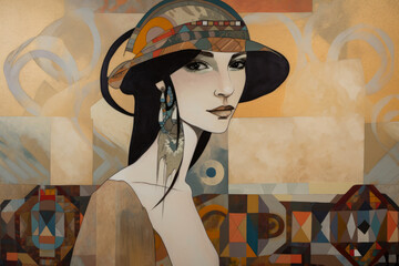 Modern Woman in Western Meets Eastern Art Style with Abstract Patterns and Muted Colors, generative ai