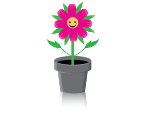 vector illustration of a pink flower with a round face with a yellow crown in the center with a smiling expression and standing in a gray pot