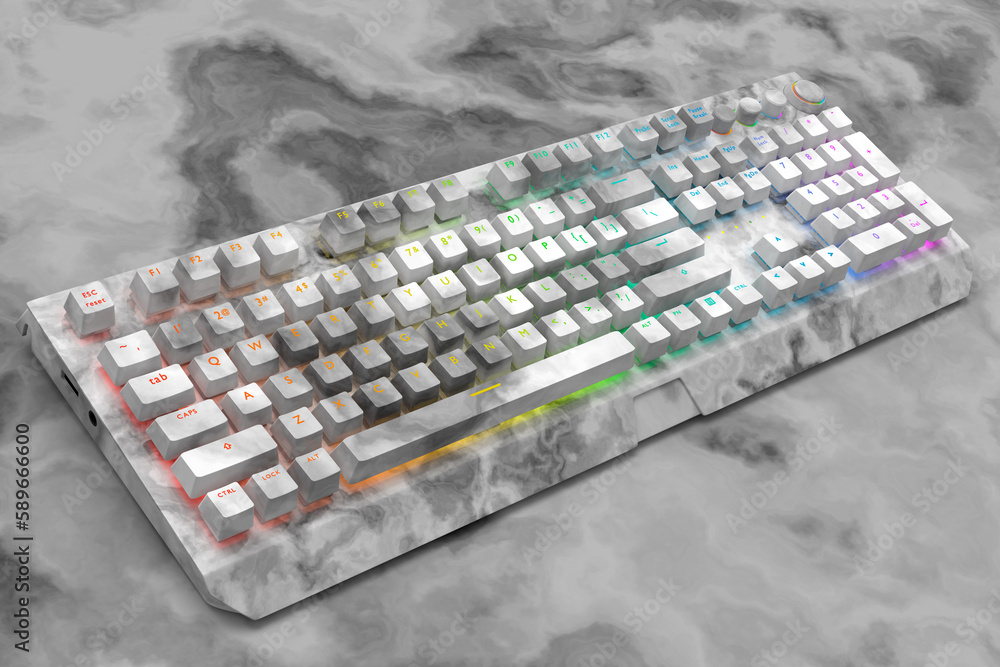 Poster realistic computer keyboard with black marble texture isolated on dark