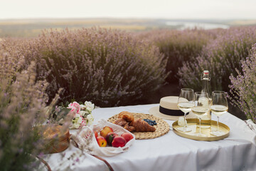 Romantic picnic with white wine, fresh fruits and croissants on the lavender field at sunny day.