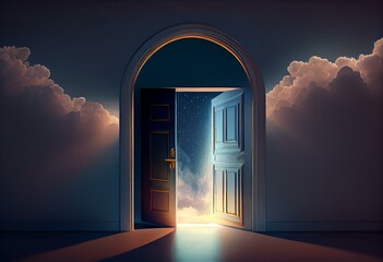 Door Opening to the brilliant Future, way to Heaven and Success. 3D illustration. Generative AI