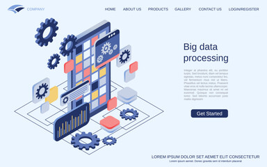 Big data processing, information computing, digital technology modern 3d isometric vector concept illustration. Landing page design template