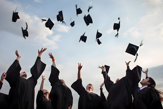 A group of graduates tips their graduation caps upwards, Generative AI