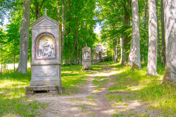 Way of the Cross with brick chapels leading through an avenue of deciduous trees to the top of...