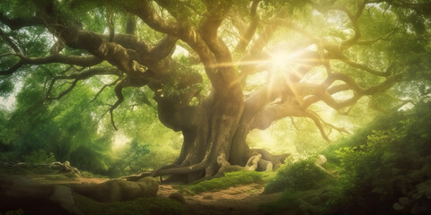 Ancient oak tree in summer forest. Generative AI illustration