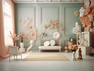Fototapeta stanza romantica, con fiori, e tonalità rosa, mock up romanstico, 3d render, ideale per sovrapposizione fotografica, colori pastello,  obraz