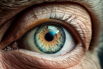 Closeup eye of elderly woman. Facial wrinkle, aging, human emotion concept. Fictional person. Made with Generative AI