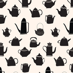 Black tea pattern. Vector illustration with varied  teapots. Endless texture can be used for package design, menu, printing onto fabric and paper or scrap booking.
