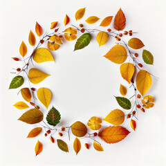 Circle made from autumn leaves on white background, Generative AI