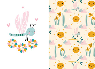 Cute kids pattern with dragonfly and flowers. Seamless background, and baby  greeting card. Vector texture for kids bedding, fabric, wallpaper, wrapping paper, textile, t-shirt