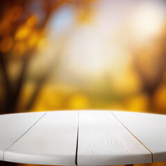 White empty wooden tabletop with blurry sunny autumn background, Generative AI