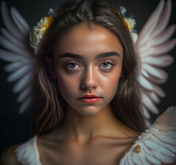 Illustration portrait of a fabulous girl - an angel with expressive eyes and beautiful wings