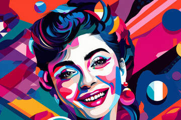 Pop Art Portrait of a Smiling Woman with Colorful Geometric Shapes, generative ai