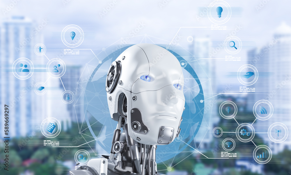 Aufkleber robot or cyborg with ai, artificial intelligence controls smart city via internet and hud interface 