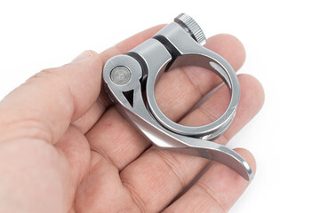 Close up of bike seat post clamp isolated on white background. Cycling equipment.
