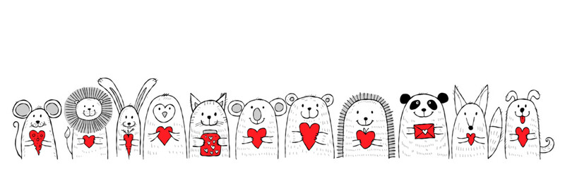Cute animals with hearts in hands together. Be my Valentine. Valentine's day banner, background, flyer, placard. Holiday poster for scrapbooking. Vector illustration card for greeting, decoration