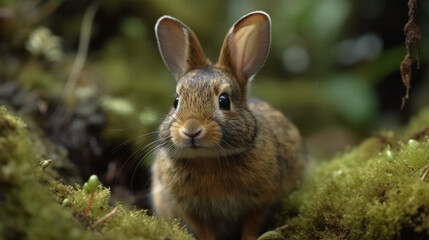 Naklejka na ściany i meble A cute little rabbit in a mossy forest