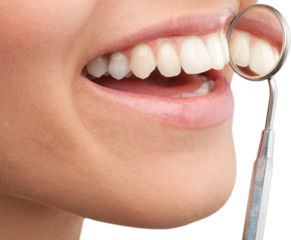 Beautiful wide smile of young fresh woman with great healthy white teeth. Isolated over white background