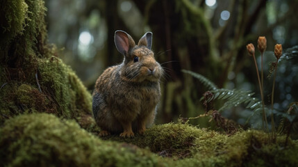 Fototapeta premium A cute little rabbit in a mossy forest
