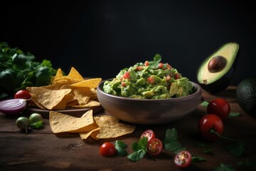 Delicious bowl of guacamole next to fresh ingredients on a table with tortilla chips and salsa. AI generated