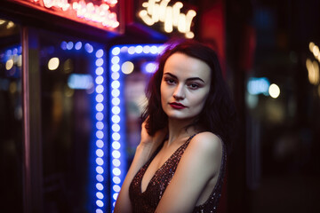 Fototapeta premium Portrait of a glamorous woman in a sparkling sequined dress, standing in front of a vintage saloon with a bright neon sign'', generative ai