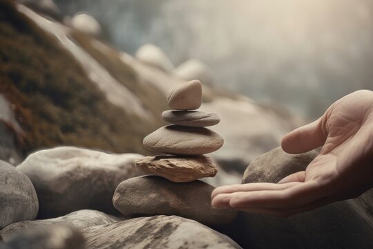 Harmony and positive mind. Hand setting white natural stone stack to balance. AI generated