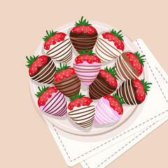 Vector illustration of strawberries in white, black and milk chocolate on a plate. Image for postcards, prints, congratulatory design.