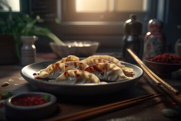 Gyoza on plate and table. AI generated