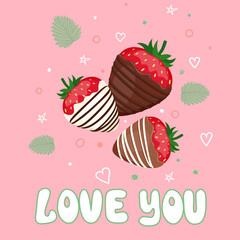 Vector card with strawberries in chocolate and the inscription 