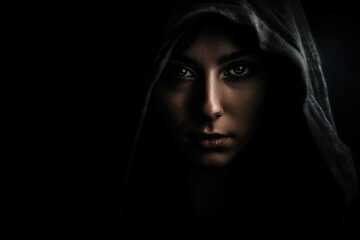 Portrait of a mysterious and enigmatic woman with a half-hidden face, in a dark and moody atmosphere, generative ai