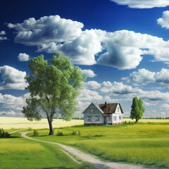 Obraz premium Rural landscape with house, green agriculture fields, path and clouds.