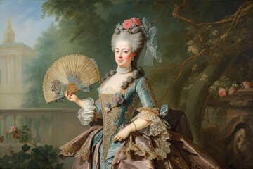 Portrait of a noblewoman dressed in intricate Rococo attire, holding a fan and standing against a backdrop of lush gardens and fountains, generative ai