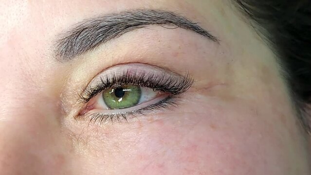 Close up of eye with eyelash extensions ,beauty salon treatment ,2d volume, 3d volume, classical lashes,Russian volume,megavolume, new set