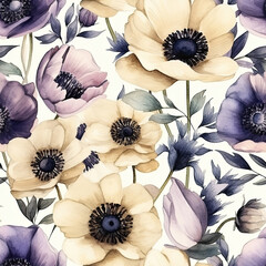 Floral seamless pattern of white anemone flowers. AI generated watercolor illustration digital art. Fabric print, decoration, wall art, printable. AI generated Image on the white background.
