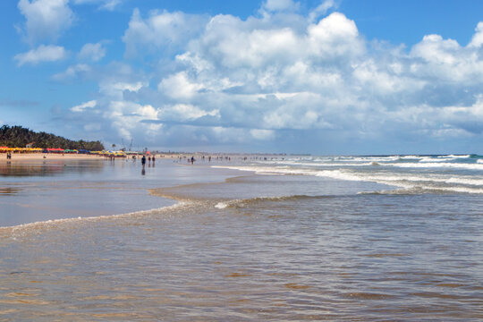 View of an Atlantic Ocean beach in the far north of Brazil. Futuro beach, Fortaleza, State of Ceara, Brazil. Sun, sea, sand, clouds and leasure. Tourism.